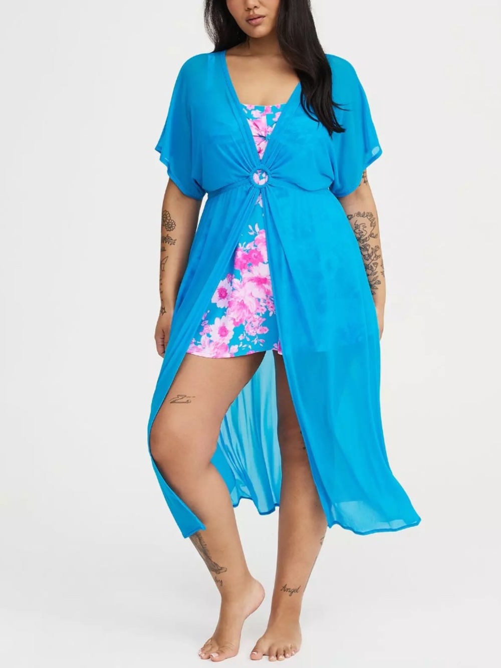 Torrid Swim Cover Up 4X Blue Mesh V Neck O-Ring Pullover Maxi Kimono Plus Size